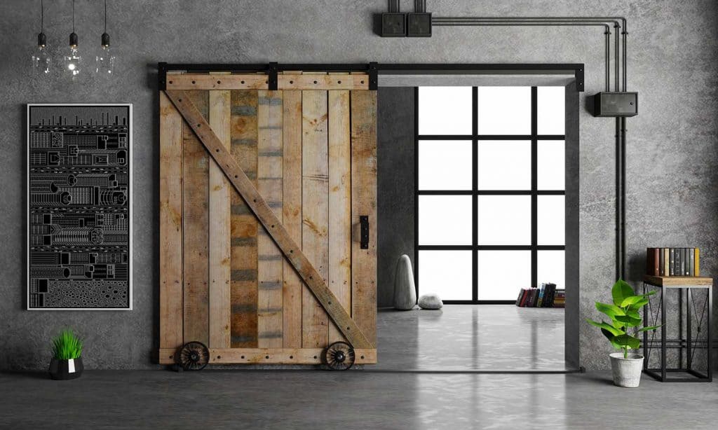Barn sliding wooden door in loft room