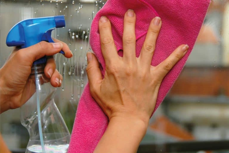 woman using microfiber cloth and glass cleaner. How To Clean The Glass Behind A Screen Door
