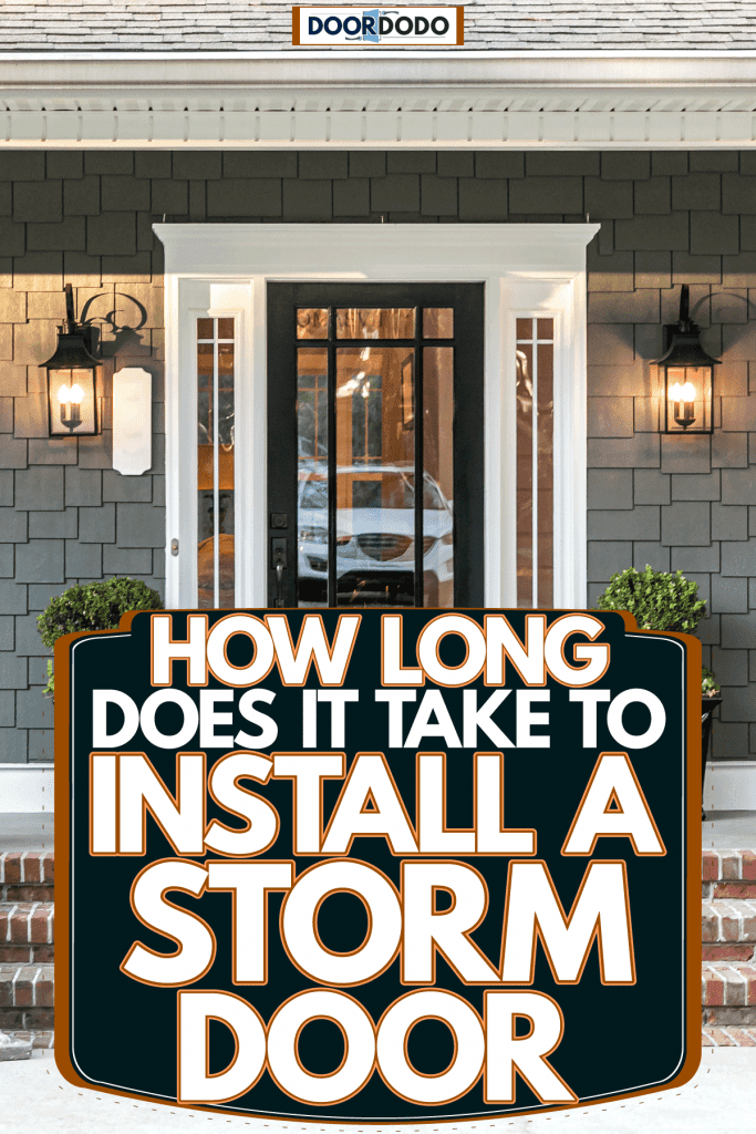 A classic themed front porch with brick stairs and an American flag raised in front, How Long Does It Take To Install A Storm Door
