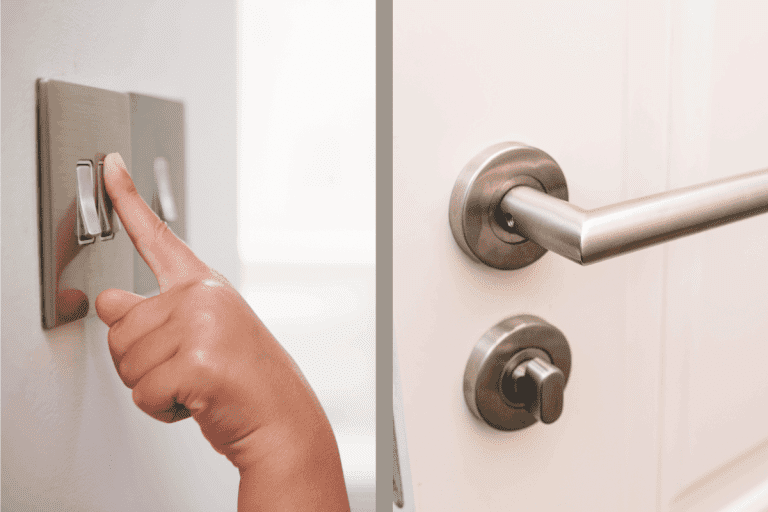 Young Girl just about to Turn Off Light Switch and Open the white door. Modern chrome handle in your home. Should Door Handles Match Light Switches
