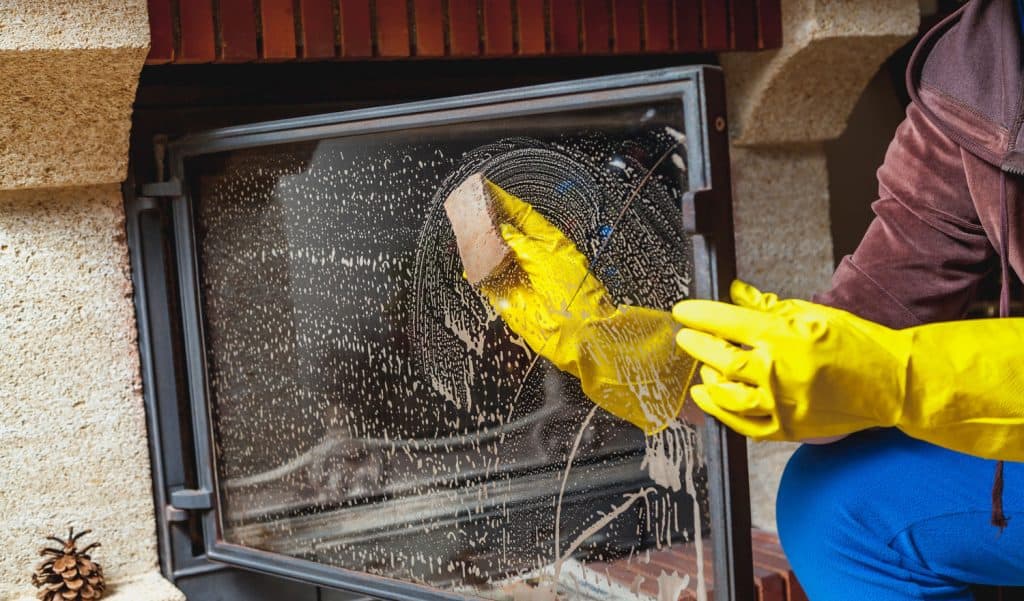 Hands in yellow rubber gloves wash the glass smoked fireplace door with a sponge
