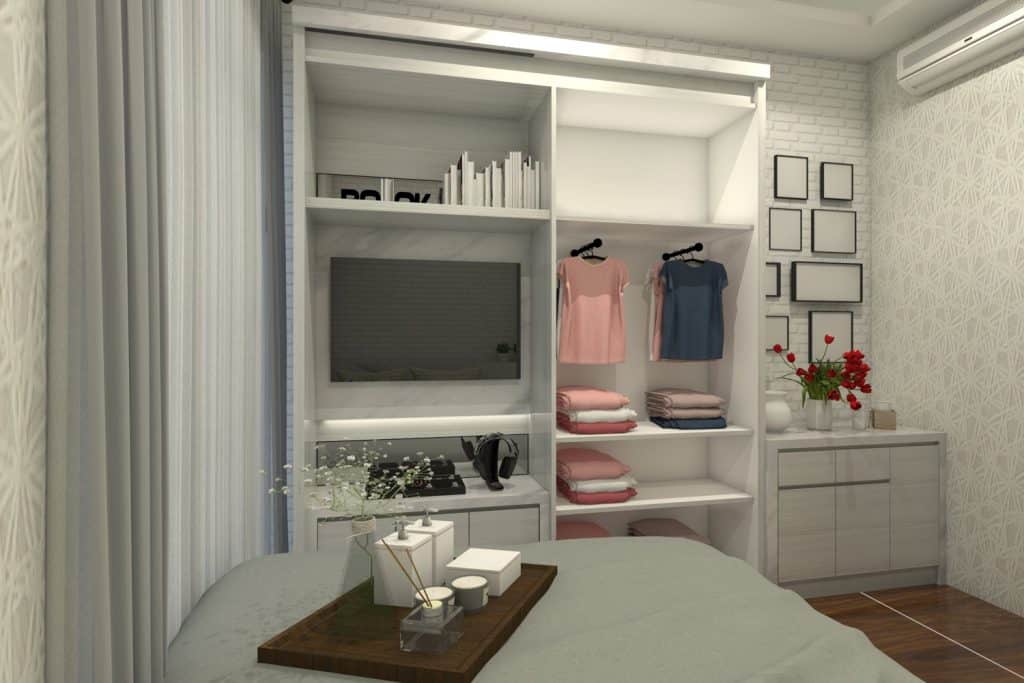 Wardrobe And Shelving Clothes Cabinet With Wall Television. Suitable for interior bedroom.