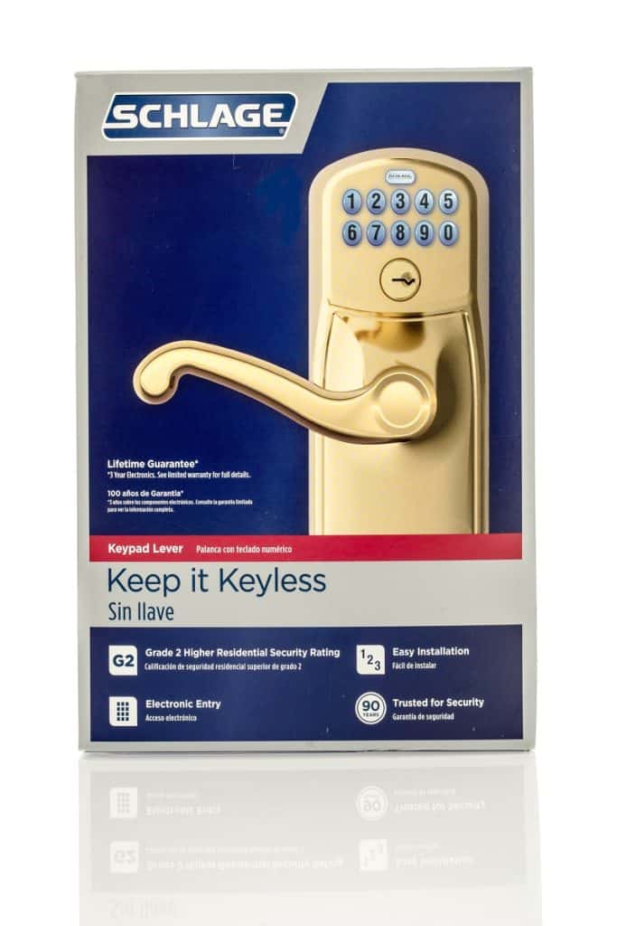 How Much Will It Cost To Replace A Schlage Keyless Door Lock - Box of a Schlage keypad entry on an isolated background.