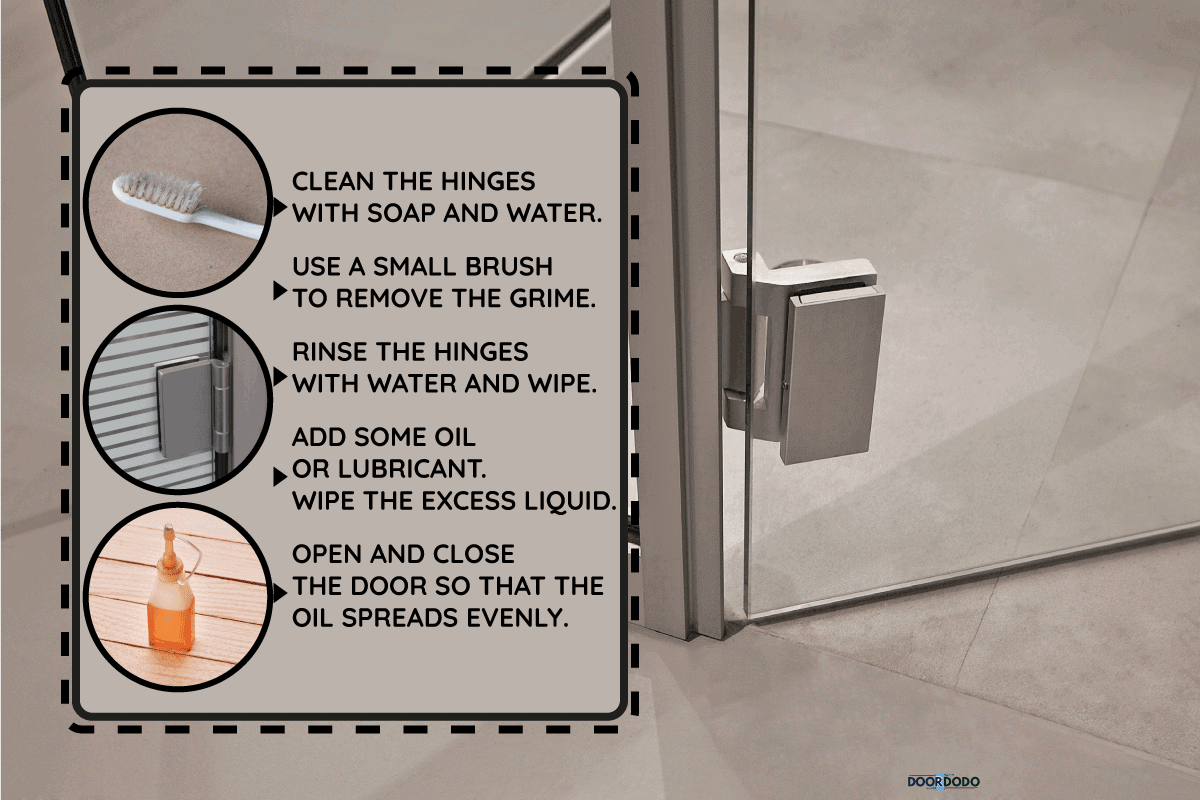 stainless steel door hinge on a glass shower room door. Shower Door Leaks At Hinge - What To Do